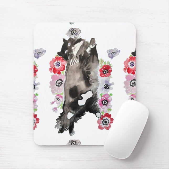Tuxedo Cat Cute Pretty Flowers Cats Watercolor Mouse Mat (With Mouse)
