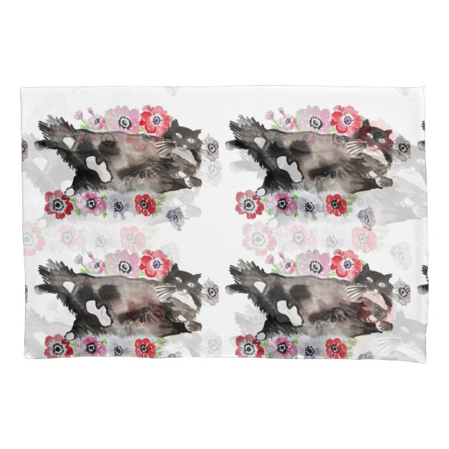 Tuxedo Cat Cute Pretty Flowers Cats Watercolor Pillowcase (Front)