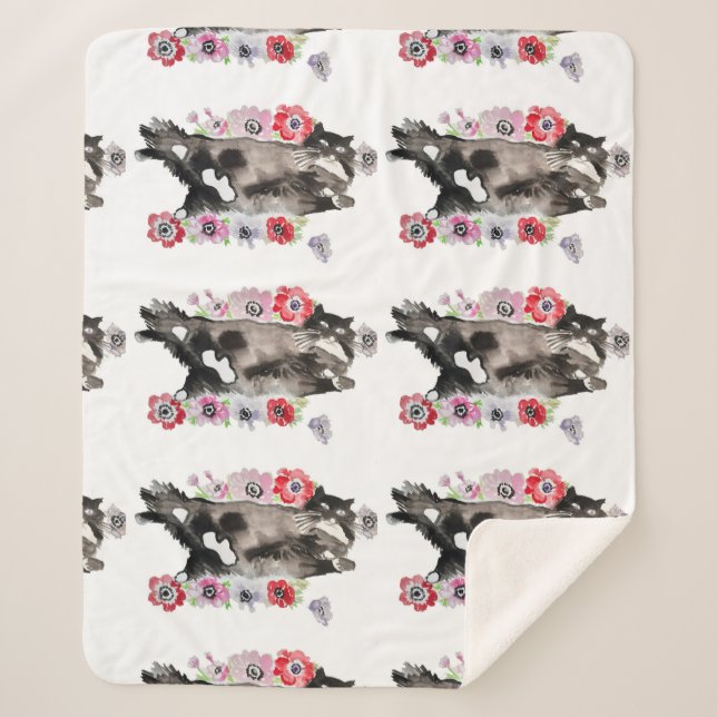 Tuxedo Cat Cute Pretty Flowers Cats Watercolor Sherpa Blanket (Front)