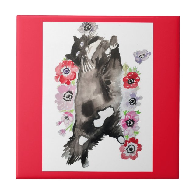 Tuxedo Cat Cute Pretty Flowers Cats Watercolor Tile (Front)