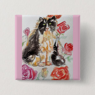 Tuxedo Cat Cute Roses Flowers Cats Watercolor Rose 15 Cm Square Badge