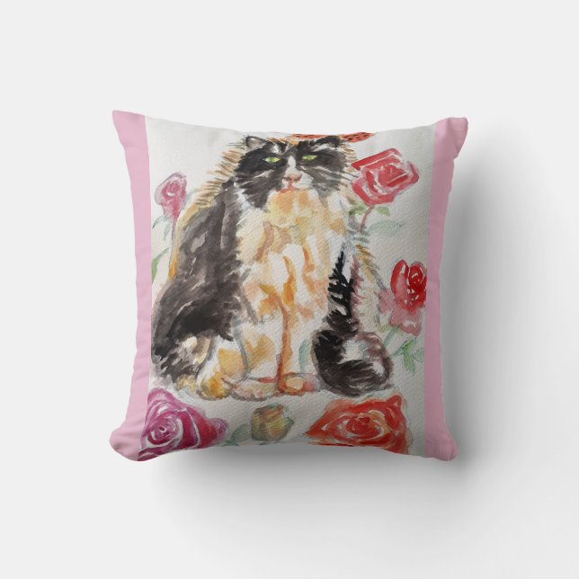 Tuxedo Cat Cute Roses Flowers Cats Watercolor Rose Cushion (Front)