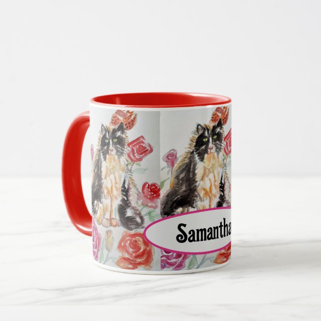 Tuxedo Cat Cute Roses Flowers Cats Watercolor Rose Mug (Front Left)