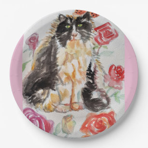 Tuxedo Cat Cute Roses Flowers Cats Watercolor Rose Paper Plate