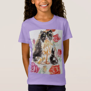 Tuxedo Cat Cute Roses Flowers Cats Watercolor Rose T-Shirt