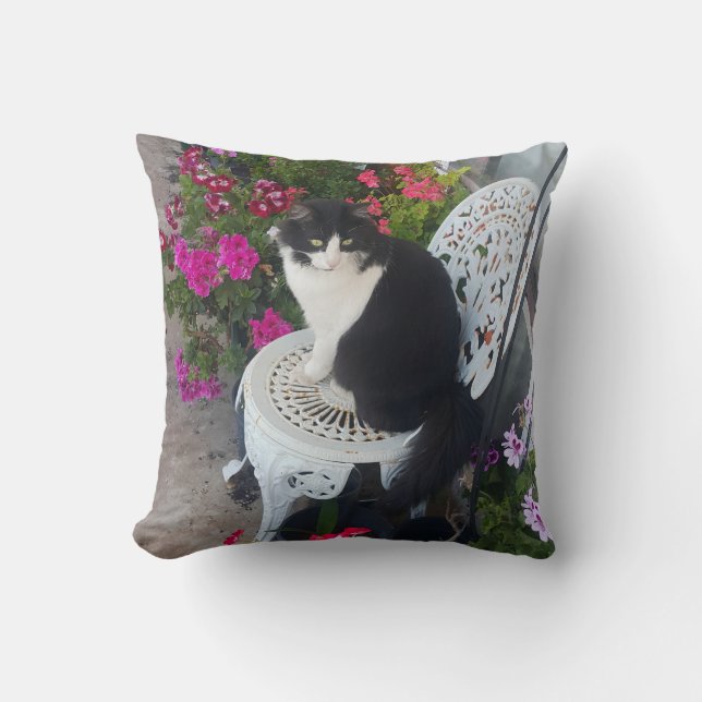 Tuxedo Cat Cute with Pretty Flowers Black Cats Cushion (Front)
