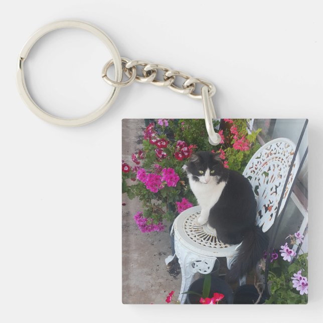 Tuxedo Cat Cute with Pretty Flowers Black Cats Key Ring (Front)