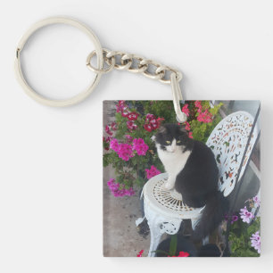 Tuxedo Cat Cute with Pretty Flowers Black Cats Key Ring
