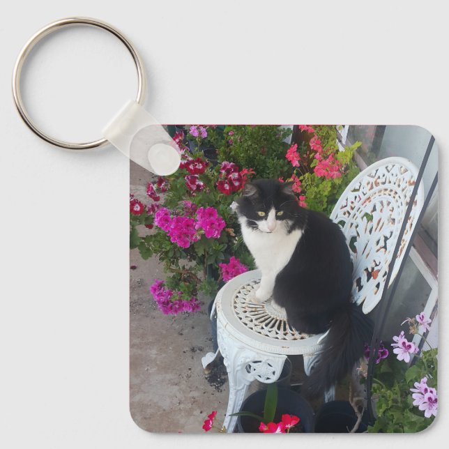 Tuxedo Cat Cute with Pretty Flowers Black Cats Key Ring (Front)