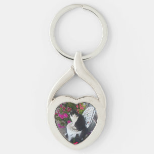 Tuxedo Cat Cute with Pretty Flowers Black Cats Key Ring