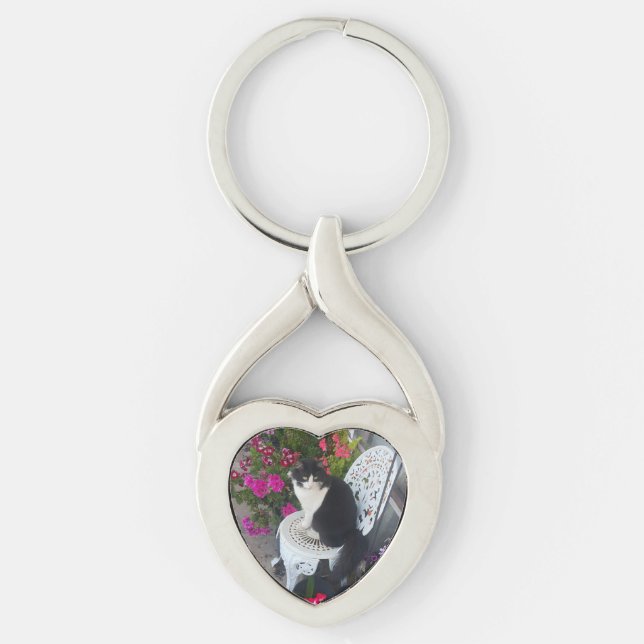 Tuxedo Cat Cute with Pretty Flowers Black Cats Key Ring (Front)