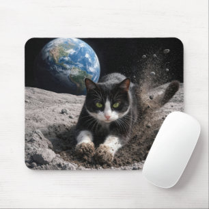 Tuxedo Cat Digging a Moon Crater Mouse Mat