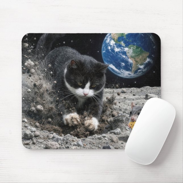 Tuxedo Cat Digging a Moon Crater with Mouse Mat (With Mouse)