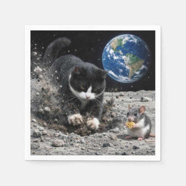 Tuxedo Cat Digging a Moon Crater with Mouse Napkin (Front)