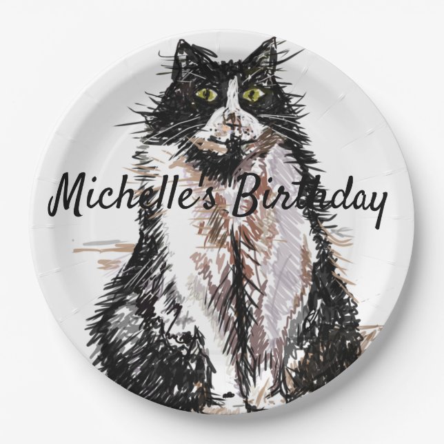 Tuxedo Cat Drawing art Birthday Party Paper Plate (Front)