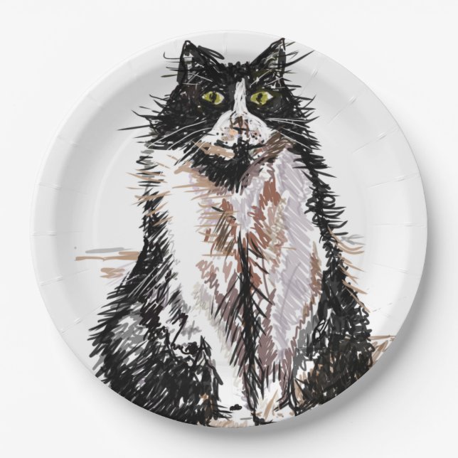 Tuxedo Cat Drawing art Birthday Party Paper Plate (Front)