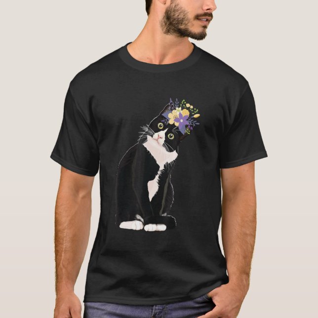 Tuxedo Cat Flowers Kitten  Moms Dads Kids T-Shirt (Front)