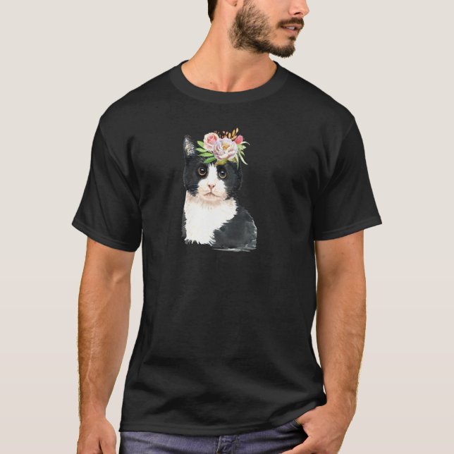 Tuxedo Cat Flowers Kitty Meow Funny Cats Floral T-Shirt (Front)