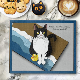 Tuxedo Cat Funny Bathroom Privacy Blue Jigsaw Puzzle