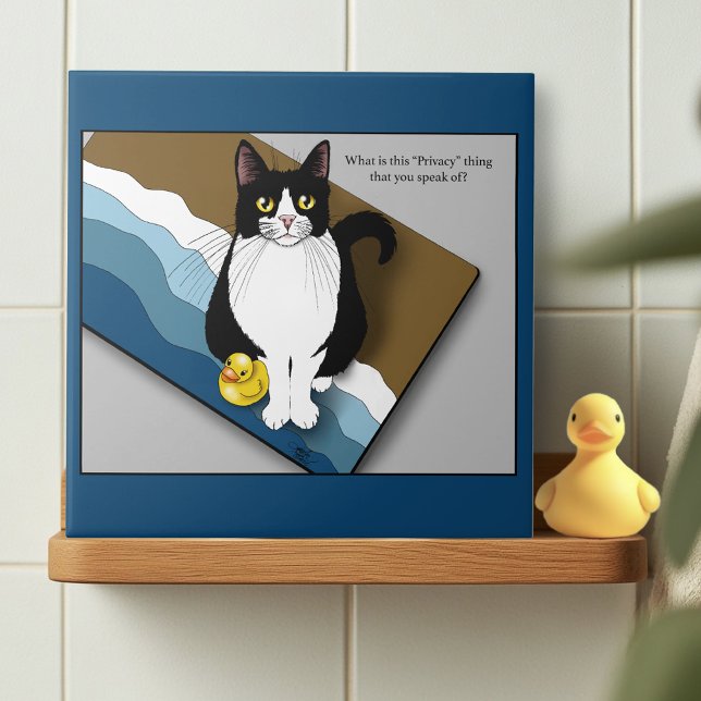 Tuxedo Cat Funny Bathroom Privacy Blue Tile (Creator Uploaded)