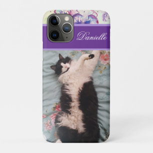 Tuxedo Cat Funny Cute doing a Happy Dance Purple iPhone 11 Pro Case