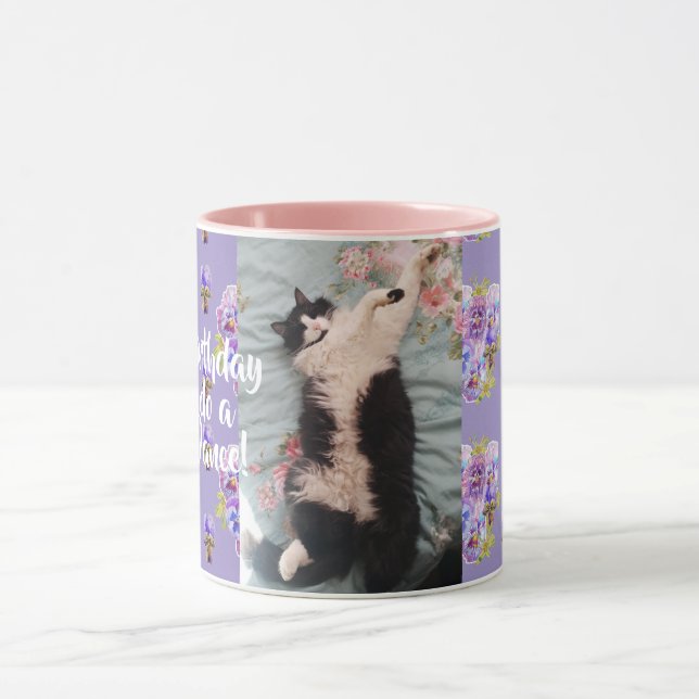 Tuxedo Cat Funny Happy Dance Birthday Mug Purple (Center)