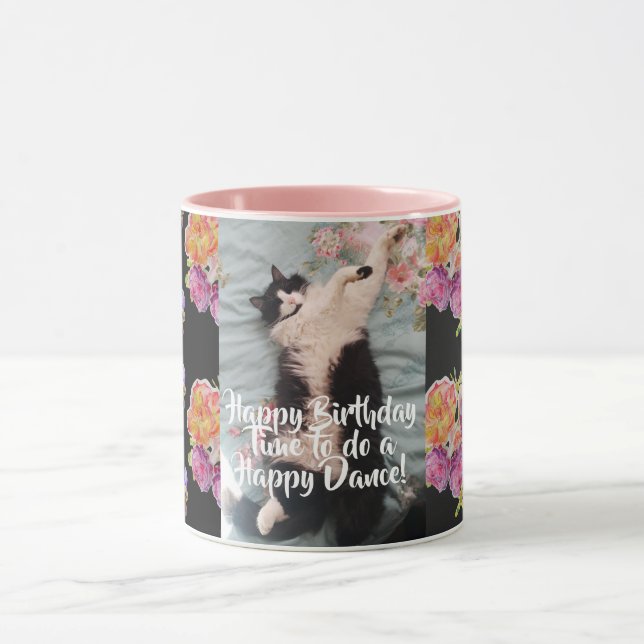 Tuxedo Cat Funny Happy Dance Birthday Mug Roses (Center)