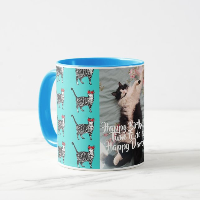 Tuxedo Cat Funny Happy Dance Birthday Mug Tabbies (Front Left)