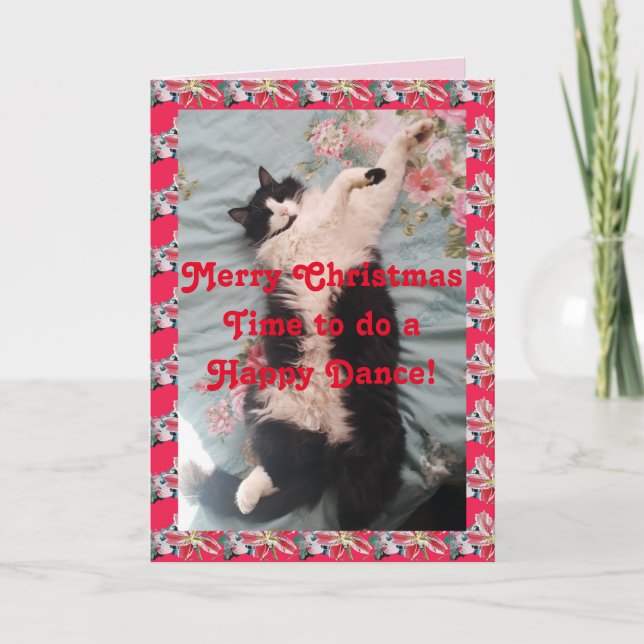 Tuxedo Cat Funny Merry Christmas Happy Dance Card (Front)