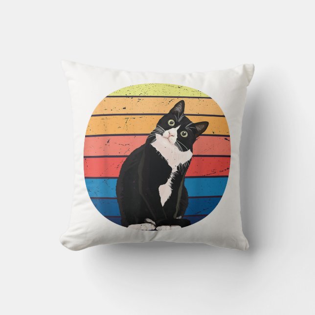 Tuxedo Cat Gift Retro Colours for Animal Lovers Cushion (Front)