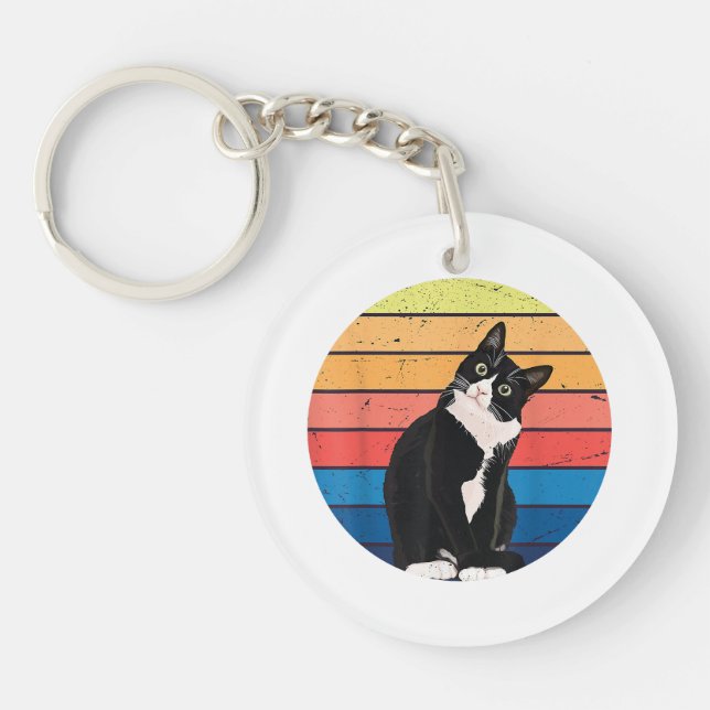 Tuxedo Cat Gift Retro Colours for Animal Lovers Key Ring (Front)