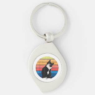 Tuxedo Cat Gift Retro Colours for Animal Lovers Key Ring