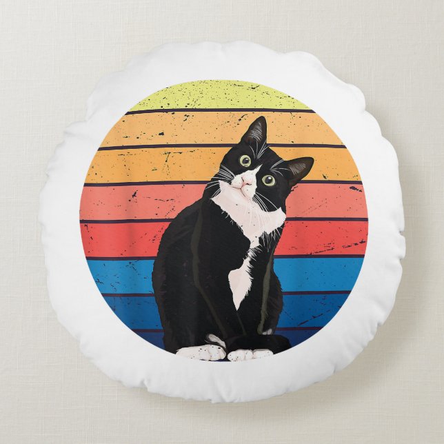 Tuxedo Cat Gift Retro Colours for Animal Lovers Round Cushion (Front)