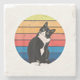 Tuxedo Cat Gift Retro Colours for Animal Lovers Stone Coaster
