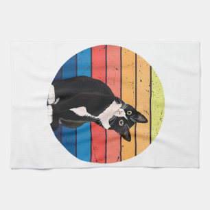 Tuxedo Cat Gift Retro Colours for Animal Lovers Tea Towel