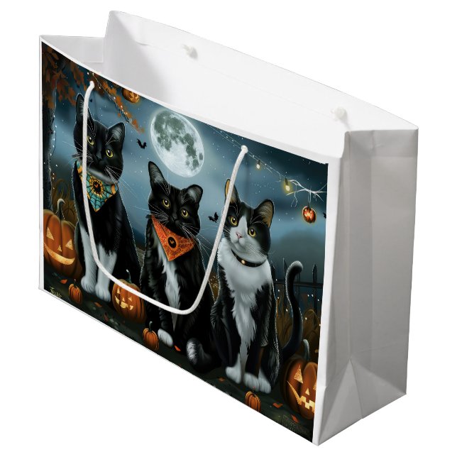 Tuxedo Cat Halloween Spooky Large Gift Bag (Front Angled)