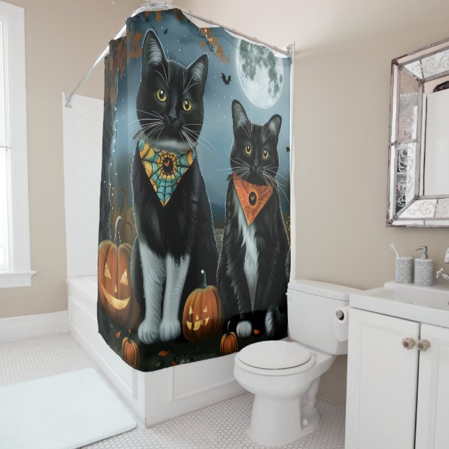 Tuxedo Cat Halloween Spooky Shower Curtain (In Situ)