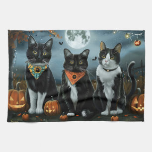 Tuxedo Cat Halloween Spooky Tea Towel