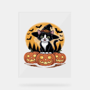 Tuxedo Cat Halloween Witch Cute Pumpkins Essential Acrylic Sign