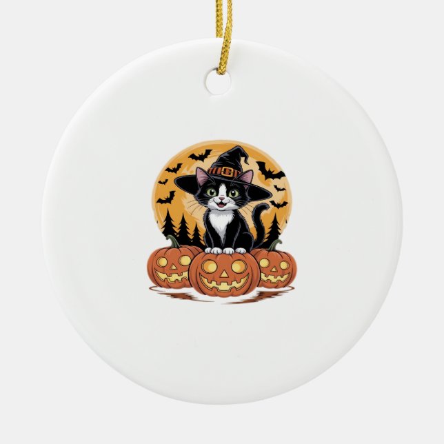 Tuxedo Cat Halloween Witch Cute Pumpkins Essential Ceramic Tree Decoration (Front)