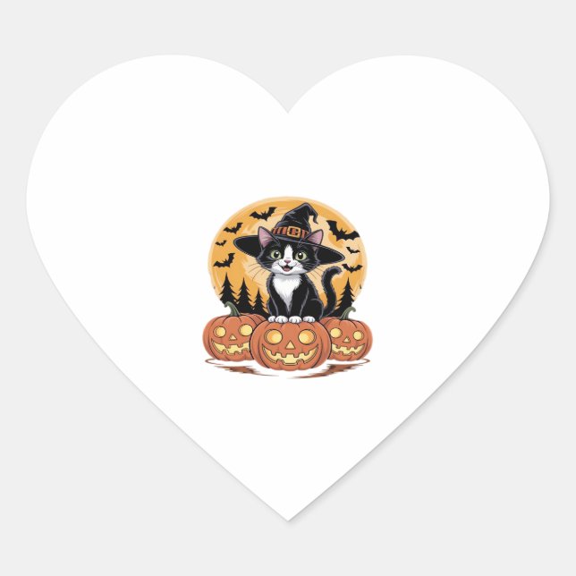 Tuxedo Cat Halloween Witch Cute Pumpkins Essential Heart Sticker (Front)