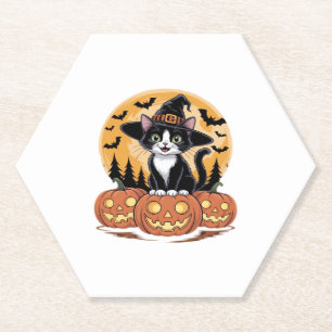 Tuxedo Cat Halloween Witch Cute Pumpkins Essential Paper Coaster