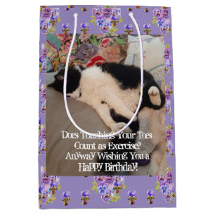 Tuxedo Cat Happy Birthday Touching Toes Postcard Medium Gift Bag