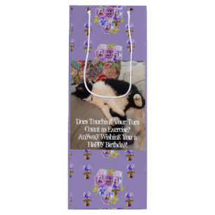 Tuxedo Cat Happy Birthday Touching Toes Postcard Wine Gift Bag
