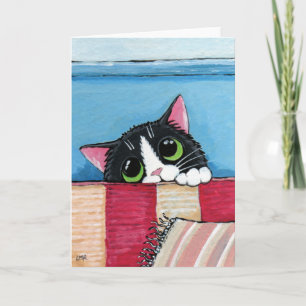 Tuxedo Cat Hiding   Cat Art Greeting Card