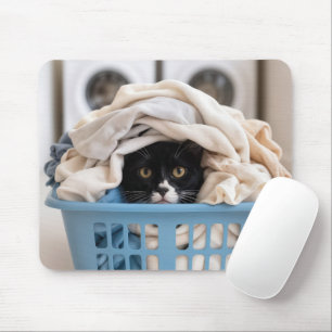 Tuxedo Cat Hiding in Laundry Basket Mouse Mat