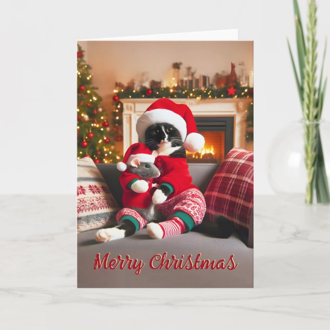 Tuxedo Cat Holding a Mouse Christmas Card (Front)