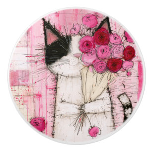 Tuxedo Cat Holding Pink Rose Bouquet Ceramic Knob