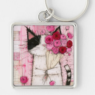 Tuxedo Cat Holding Pink Rose Bouquet Key Ring