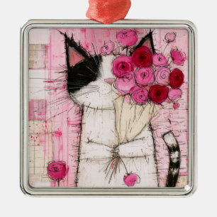 Tuxedo Cat Holding Pink Rose Bouquet Metal Tree Decoration